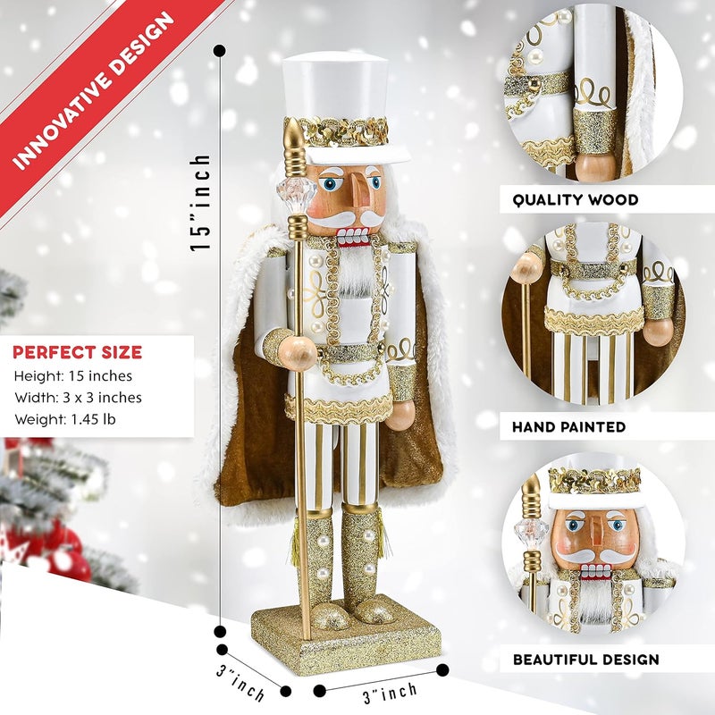 Ornativity Christmas Gold King Nutcracker – Gold and White Glittered Wooden Nutcracker Man Fur Cape and Staff in Hand Xmas Themed Holiday Nut Cracker Doll Figure Decorations 14" - Image 4
